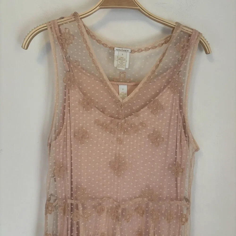 Sundance Midi Dress Pink Blush Lace Fairy Embroidered S Boho Gauzy Girly - Picture 2 of 9